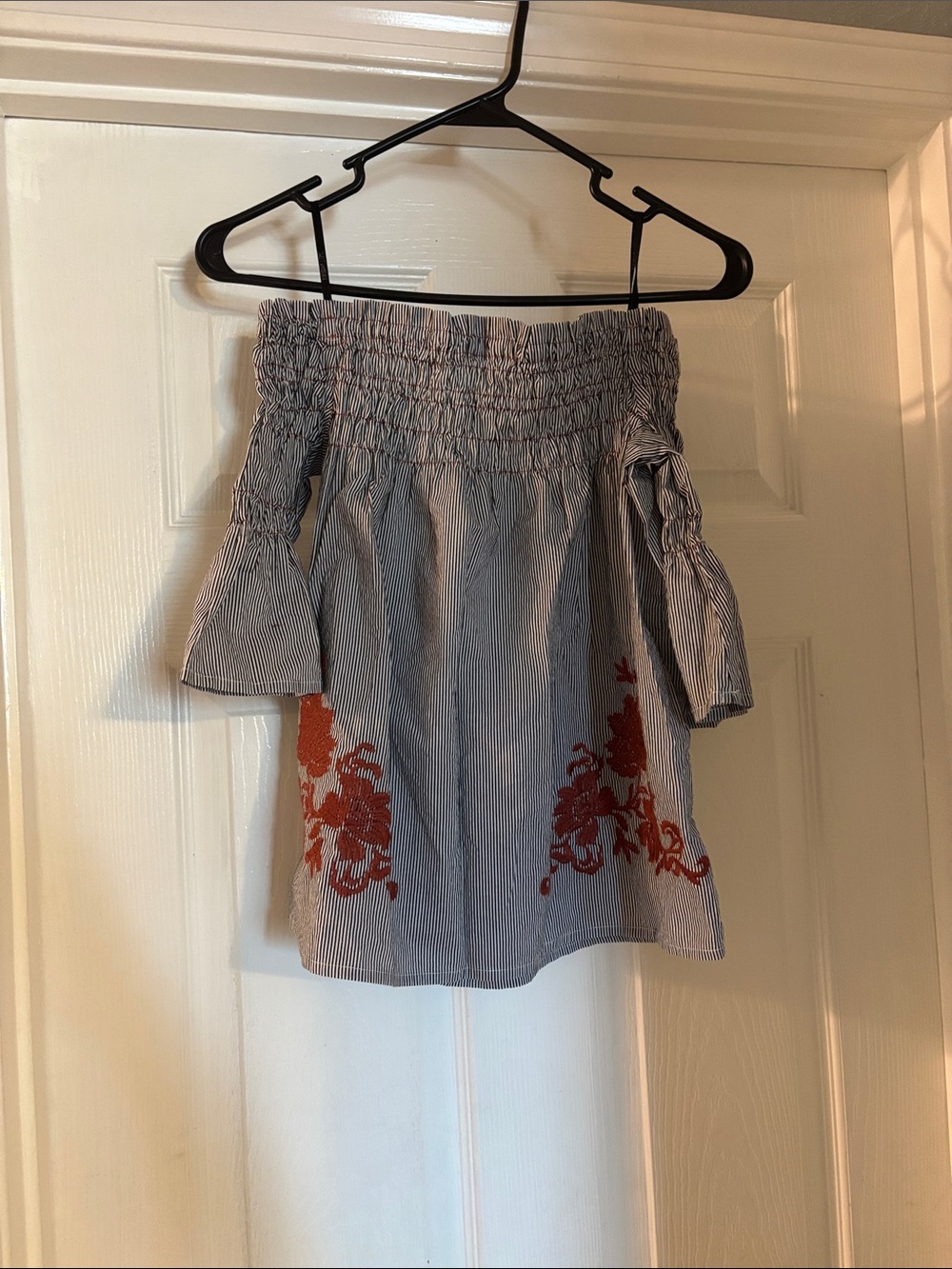Sweet Wanderer Blue Pinstripe Off-Shoulder Top with Rust Floral Embroidery